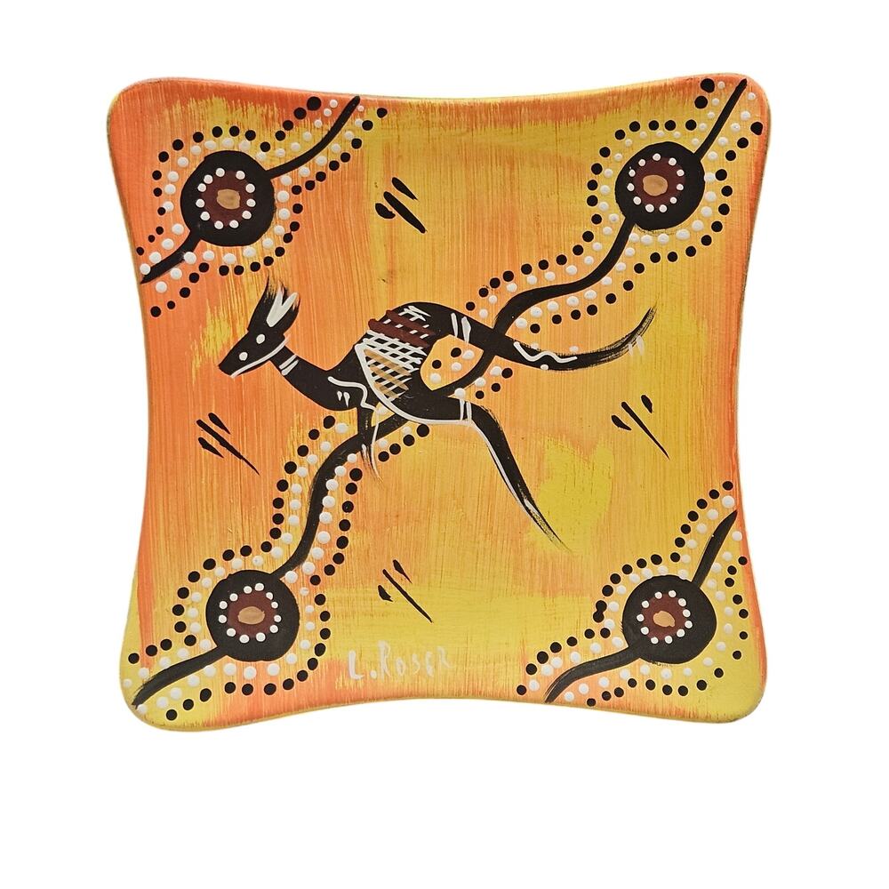 Leonie Roser Hand-Painted Aboriginal Art Ceramic Dish - Kangaroo Dot Painting